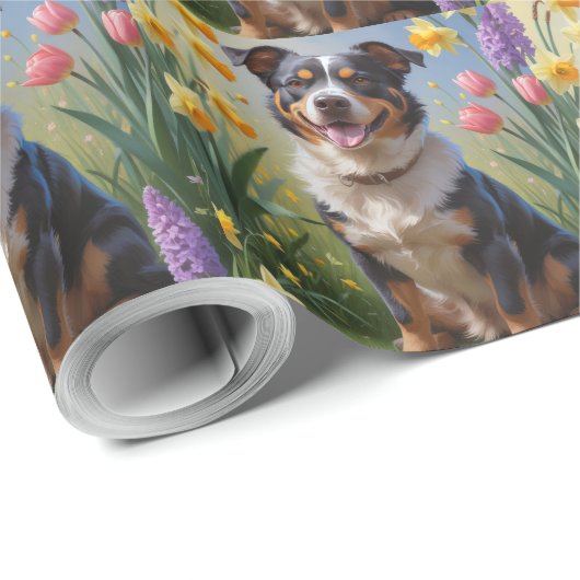 Australian Cattle Dog Spring Bloemen Schilderen Cadeaupapier (Rol Hoek)