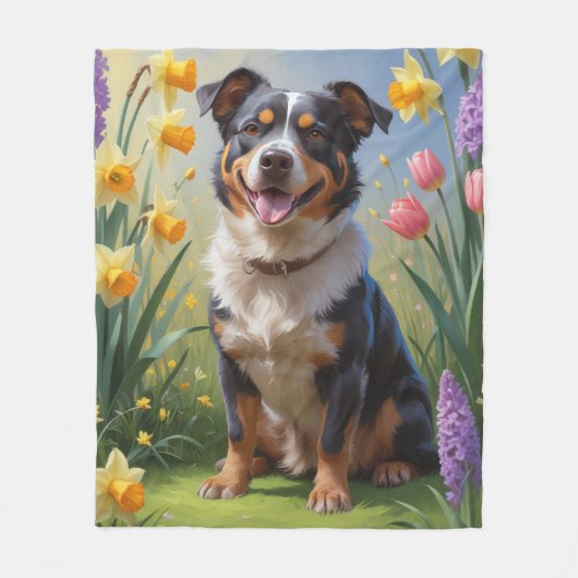 Australian Cattle Dog Spring Bloemen Schilderen Fleece Deken (Voorkant)