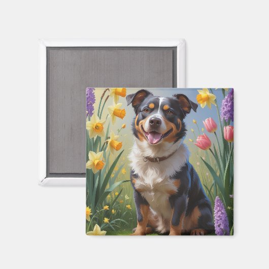 Australian Cattle Dog Spring Bloemen Schilderen Magneet (Voorkant / Achterkant)