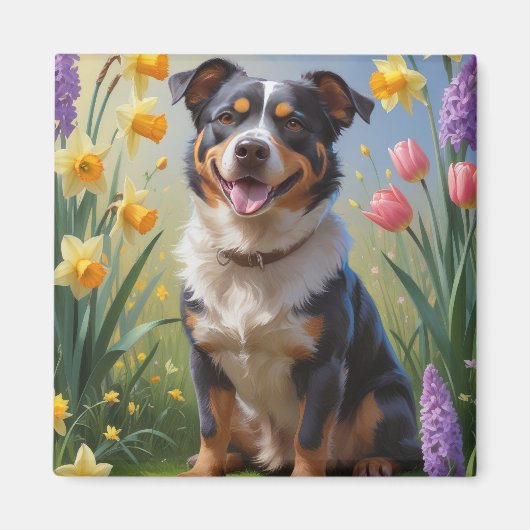 Australian Cattle Dog Spring Bloemen Schilderen Magneet (Voorkant)