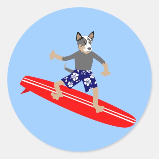 Australian Cattle Dog Surfer Ronde Sticker (Voorkant)