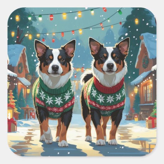 Australian Cattle Dogs Christmas Snow Holiday Vierkante Sticker (Voorkant)