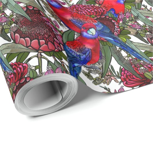 Australian Crimson Rosella en Wildflower Pattern Cadeaupapier (Rol Hoek)