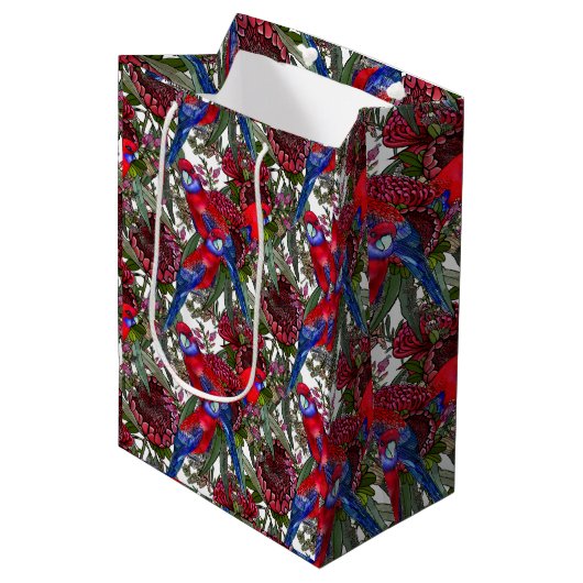 Australian Crimson Rosella en Wildflower Pattern Medium Cadeauzakje (Voorkant Gekanteld)