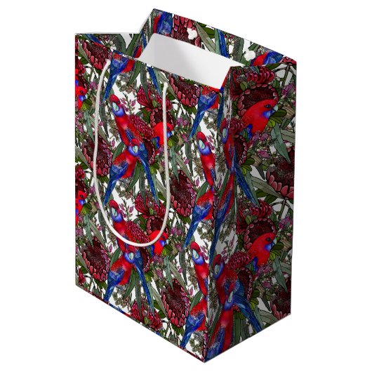 Australian Crimson Rosella en Wildflower Pattern Medium Cadeauzakje (Achterkant Gekanteld)