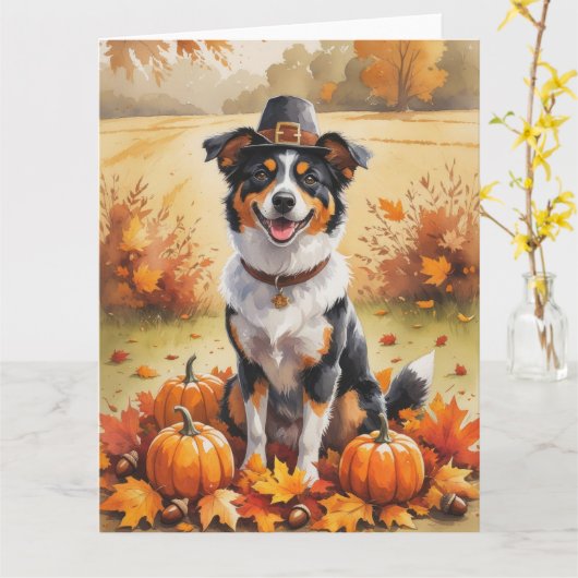 Australian Kelpie Autumn verlaat Thanksgiving Kaart (Gele Bloem)