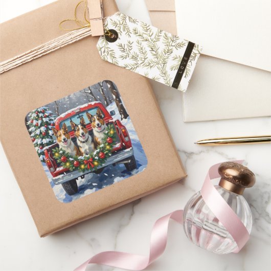 Australian Kelpie Christmas Red Truck Holiday Vierkante Sticker (Geschenken)