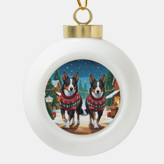Australian Kelpie Dogs Christmas Snow Holiday Keramische Bal Ornament (Voorkant)