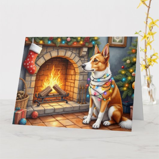 Australian Kelpie Fireplace with Christmas Lights Kaart (Gele Bloem)