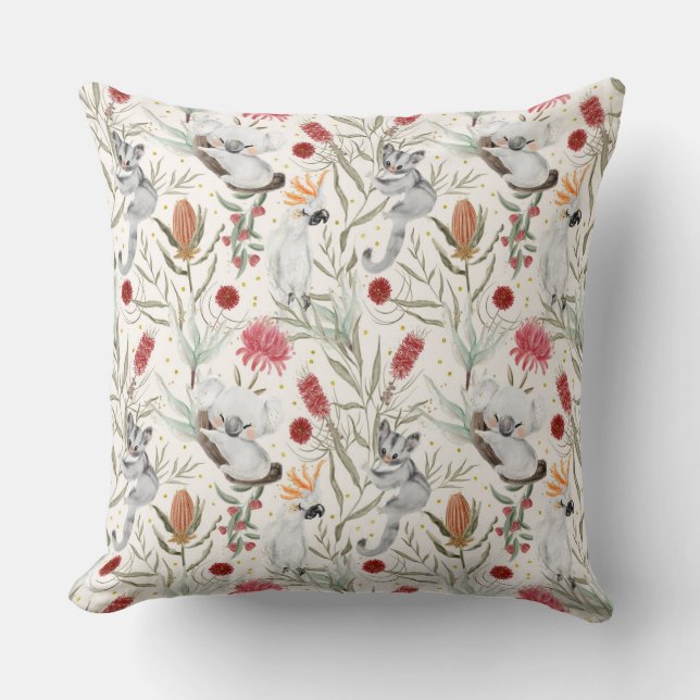 Australian Koala Cockatoos Proteas Natuur Pattern Kussen (Voorkant)
