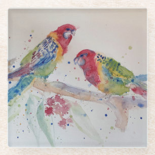 Australian Red Rosella Parrot Waterverf art Glazen Onderzetter