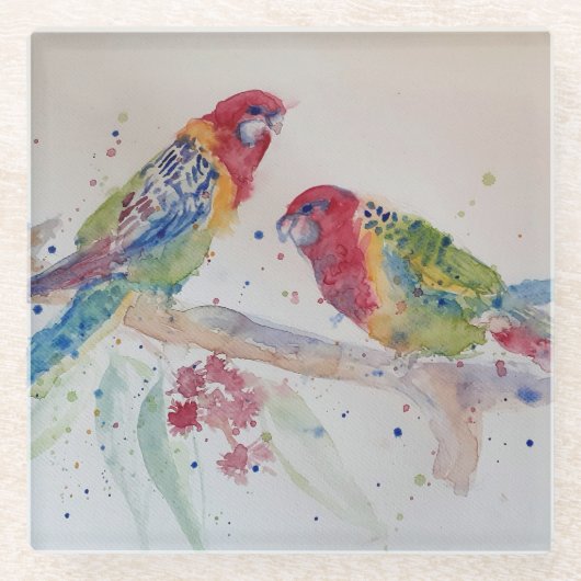 Australian Red Rosella Parrot Waterverf art Glazen Onderzetter (Voorkant)