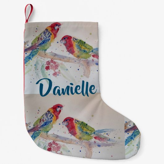 Australian Rosella Parrot Waterverf Name Stocking Kleine Kerstsok (Voorkant)