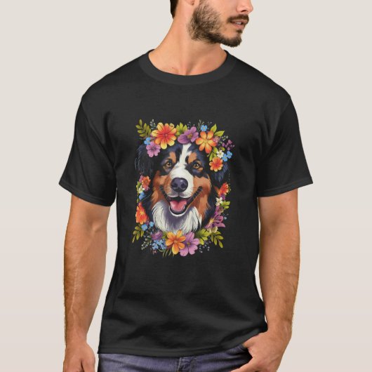 Australian Shepherd Aussie with Flower Crown Retro T-shirt (Voorkant)