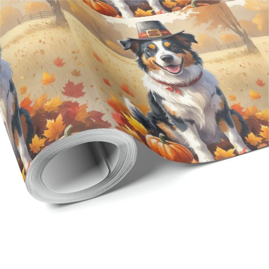Australian Shepherd Autumn verlaat Thanksgiving Cadeaupapier (Rol Hoek)