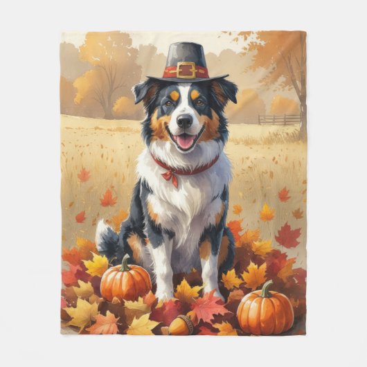 Australian Shepherd Autumn verlaat Thanksgiving Fleece Deken (Voorkant)