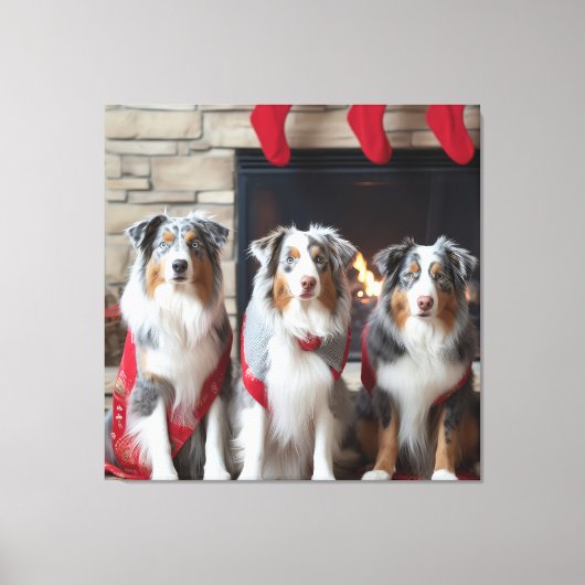 Australian Shepherd bij de open haard Kerstmis Canvas Afdruk (Voorkant)