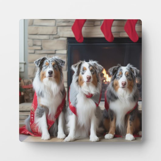 Australian Shepherd bij de open haard Kerstmis Fotoplaat (Voorkant)