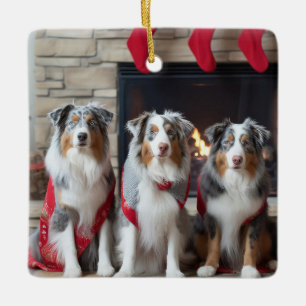 Australian Shepherd bij de open haard Kerstmis Keramisch Ornament