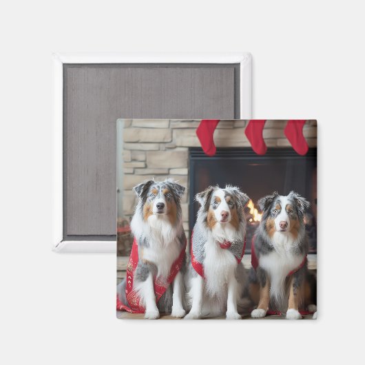 Australian Shepherd bij de open haard Kerstmis Magneet (Voorkant / Achterkant)