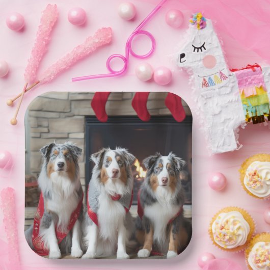 Australian Shepherd bij de open haard Kerstmis Papieren Bordje (Feest)