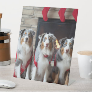 Australian Shepherd bij de open haard Kerstmis Reclamebord Met Voetstuk