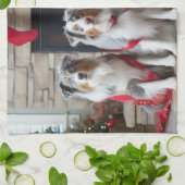 Australian Shepherd bij de open haard Kerstmis Theedoek (Gevouwen)