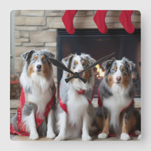 Australian Shepherd bij de open haard Kerstmis Vierkante Klok