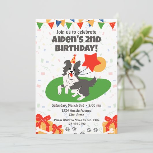 Australian Shepherd Birthday Invitation Kaart (Staand voorkant)