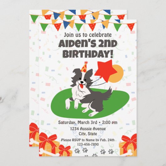 Australian Shepherd Birthday Invitation Kaart (Voorkant / Achterkant)