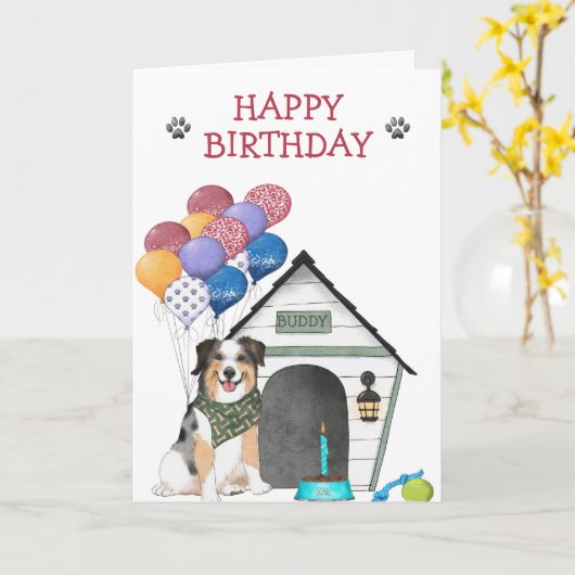 Australian Shepherd Birthday Party Kaart (Gele Bloem)