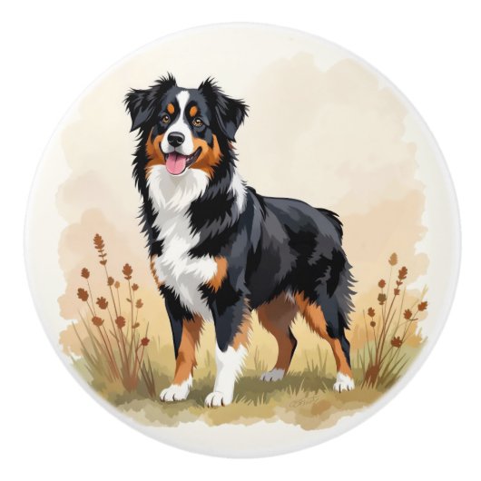 Australian Shepherd Black Tricolor Aussie Dog Keramische Knop (Voorkant)