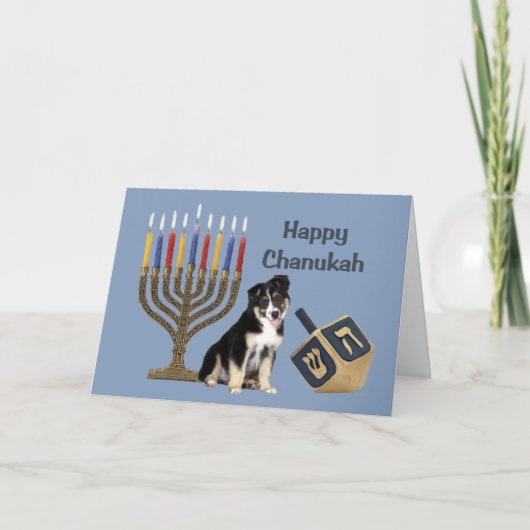 Australian Shepherd Chanoeka Kaart Menorah Dreidel (Voorkant)