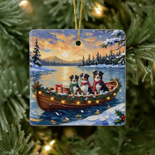 Australian Shepherd Christmas Boat Holiday Keramisch Ornament (Boom)
