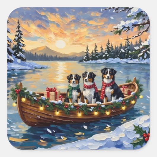 Australian Shepherd Christmas Boat Holiday Vierkante Sticker (Voorkant)