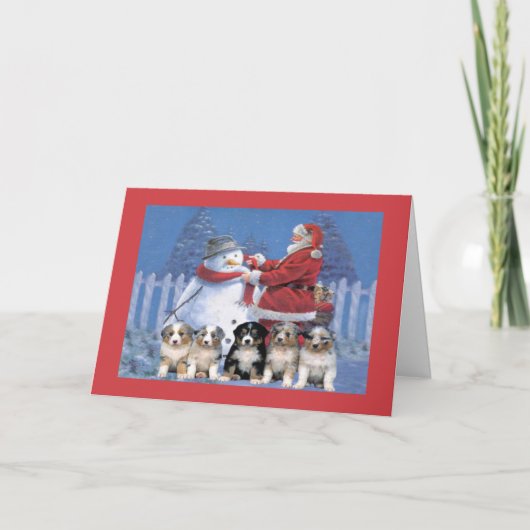 Australian Shepherd Christmas Kaart Santa en Snowm (Voorkant)