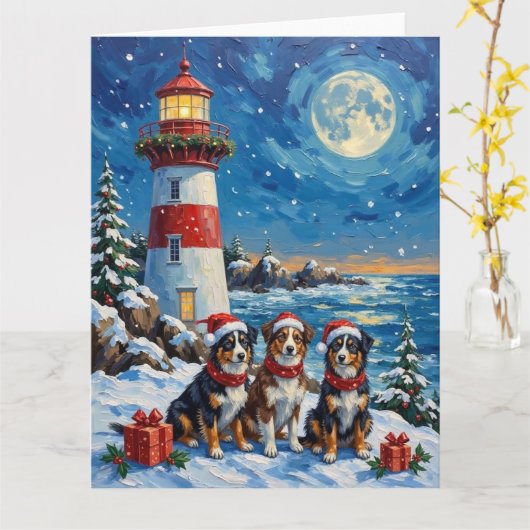 Australian Shepherd Christmas Lighthouse Holiday Kaart (Gele Bloem)