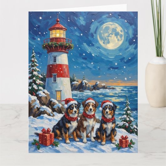 Australian Shepherd Christmas Lighthouse Holiday Kaart (Voorkant)