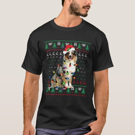 Australian Shepherd Christmas Lights Ugly Sweater  T-shirt (Voorkant)