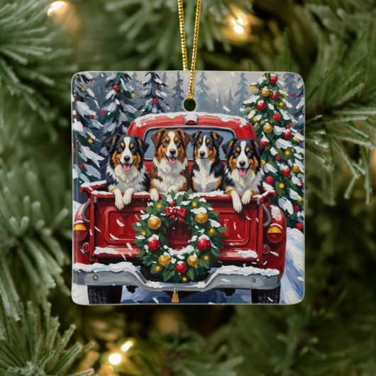 Australian Shepherd Christmas Red Truck Holiday Keramisch Ornament (Boom)