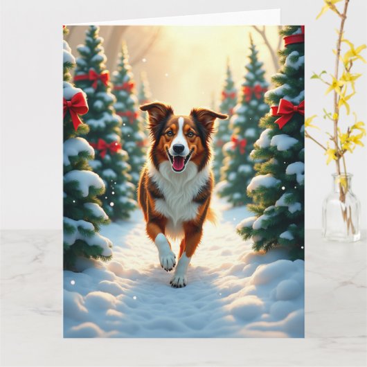 Australian Shepherd Christmas Tree Farm Painting Kaart (Gele Bloem)