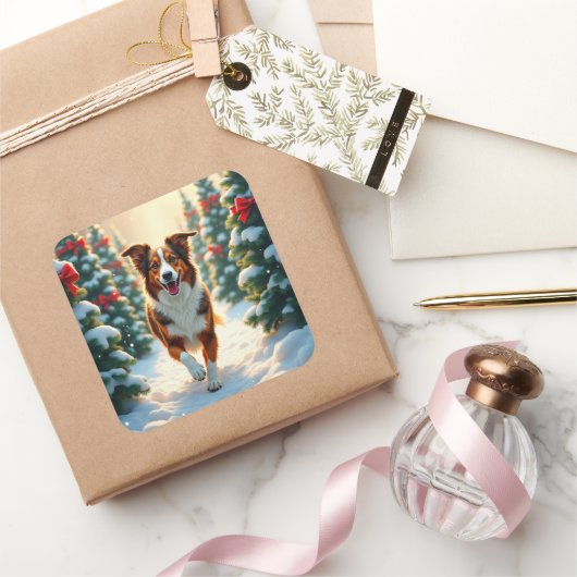 Australian Shepherd Christmas Tree Farm Painting Vierkante Sticker (Geschenken)