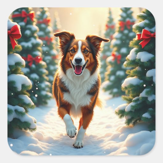 Australian Shepherd Christmas Tree Farm Painting Vierkante Sticker (Voorkant)
