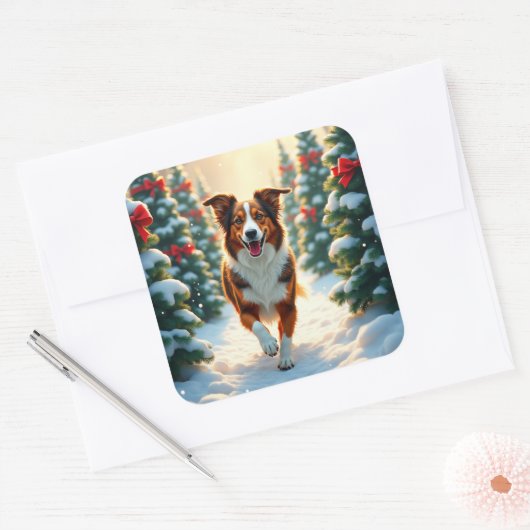 Australian Shepherd Christmas Tree Farm Painting Vierkante Sticker (Envelop)