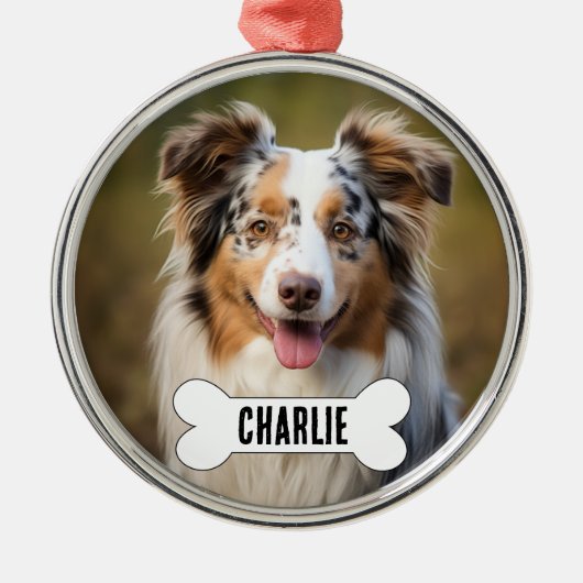 Australian Shepherd Custom Dog Foto en Naam Metalen Ornament (Voorkant)