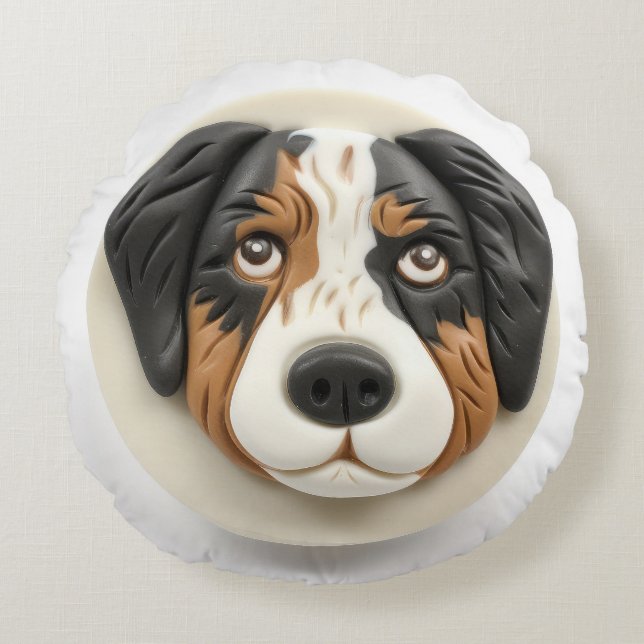 Australian Shepherd Dog 3D geïnspireerd Rond Kussen (Voorkant)