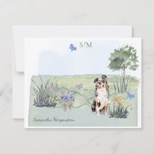 Australian Shepherd Dog Butterfly Monogram Name   Notitiekaartje (Voorkant)