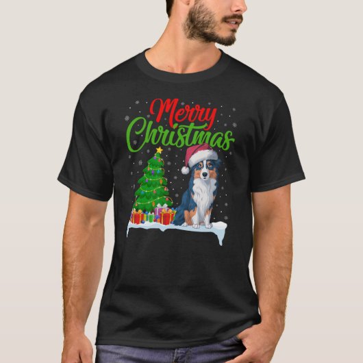 Australian Shepherd Dog Christmas Tree Lights Xmas T-shirt (Voorkant)