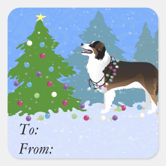 Australian Shepherd Dog Decorate Kerstboom Vierkante Sticker (Voorkant)