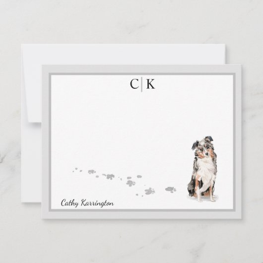 Australian Shepherd Dog Gray Border Monogram Name Notitiekaartje (Voorkant)